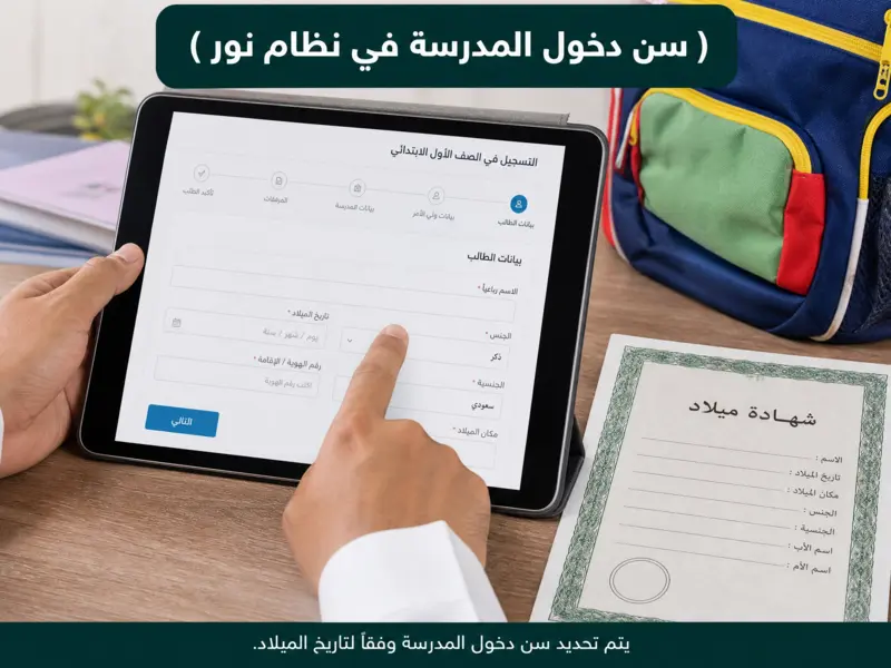 تعبئة بيانات الطالب المستجد للتحقق من سن دخول المدرسة في نظام نور عبر الجهاز اللوحي مع وجود المستندات المطلوبة.