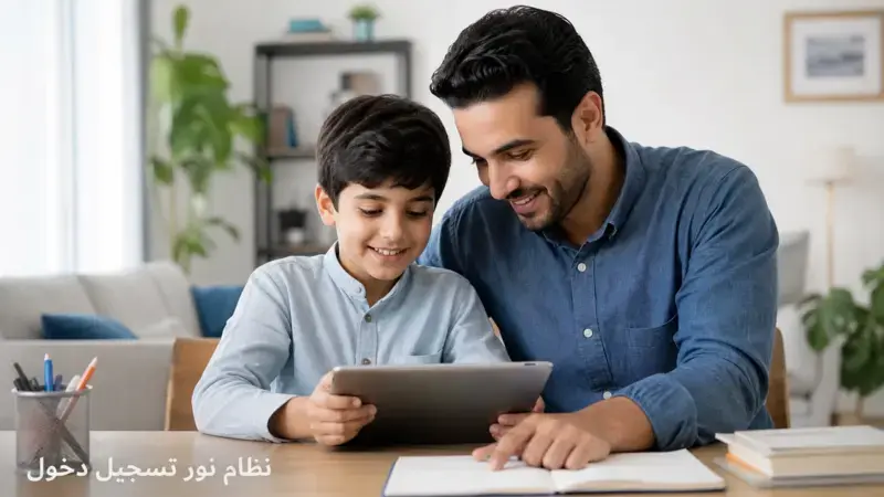 أب وابنه يتابعان نتائج الطلاب عبر نظام نور تسجيل دخول باستخدام الجهاز اللوحي