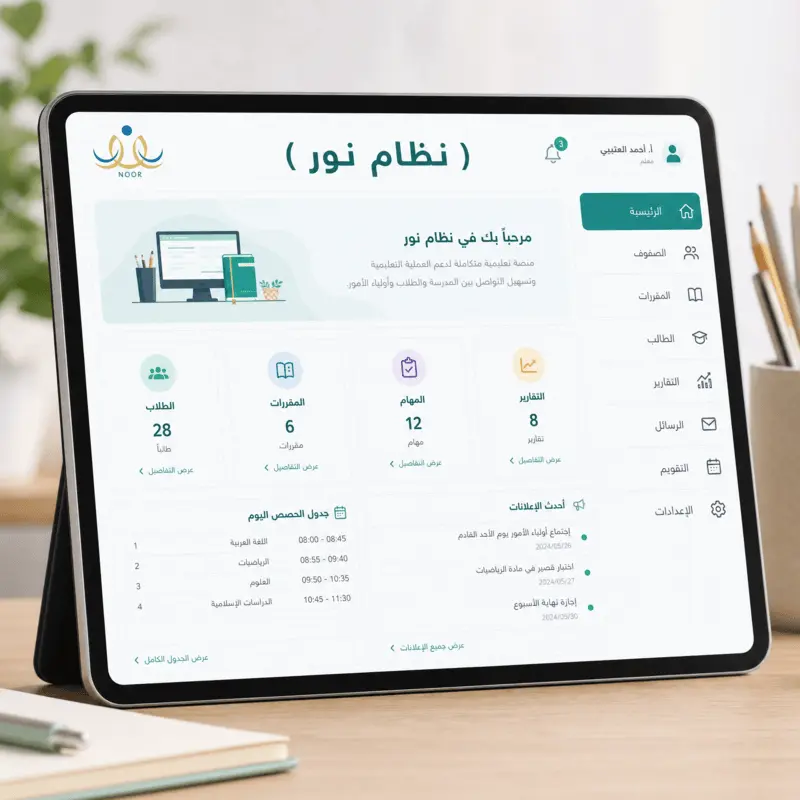 ٹیبلٹ پر نظام نور کا تعلیمی انٹرفیس، آسان رسائی اور ڈیجیٹل تعلیم کی عکاسی۔