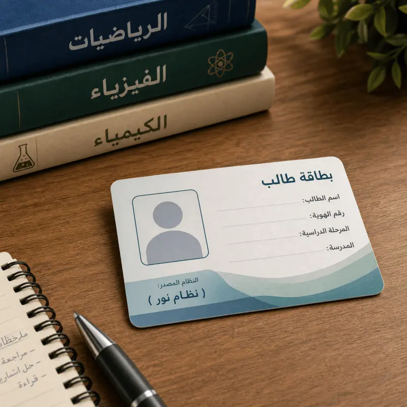 طالب علم کا شناختی کارڈ اور نظام نور کا لوگو، تعلیمی شناخت اور ریکارڈ کی عکاسی۔