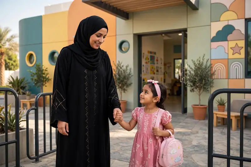 الروضات المعتمدة في نظام نور بجدة — أم مع طفلها أمام روضة معتمدة في جدة