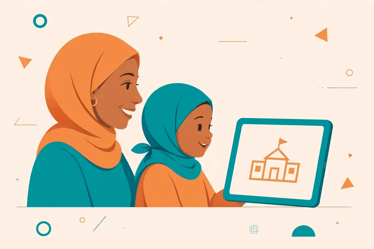 كيف اعرف فصل بنتي في نظام نور 1448 كيف اعرف فصل بنتي في نظام نور — أم وابنتها تنظران إلى جهاز لوحي يعرض أيقونة الفصل الدراسي