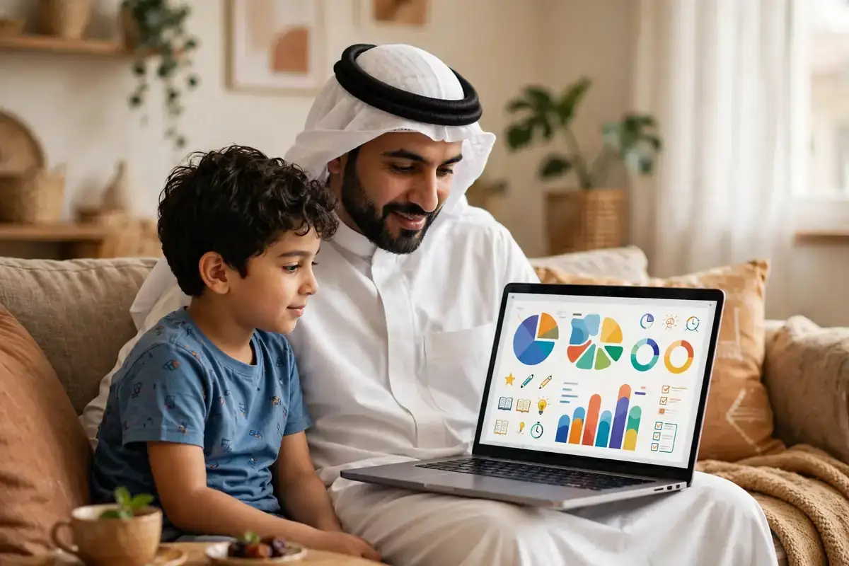 ربط الابناء في نظام نور — أب وابنه يتابعان بيانات الطالب عبر نظام نور